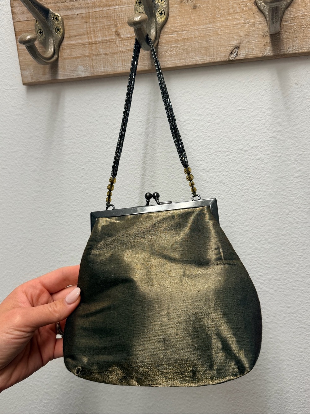 Hillard & Hanson Black and Gold Evening Frame-Top Handbag with bead handle